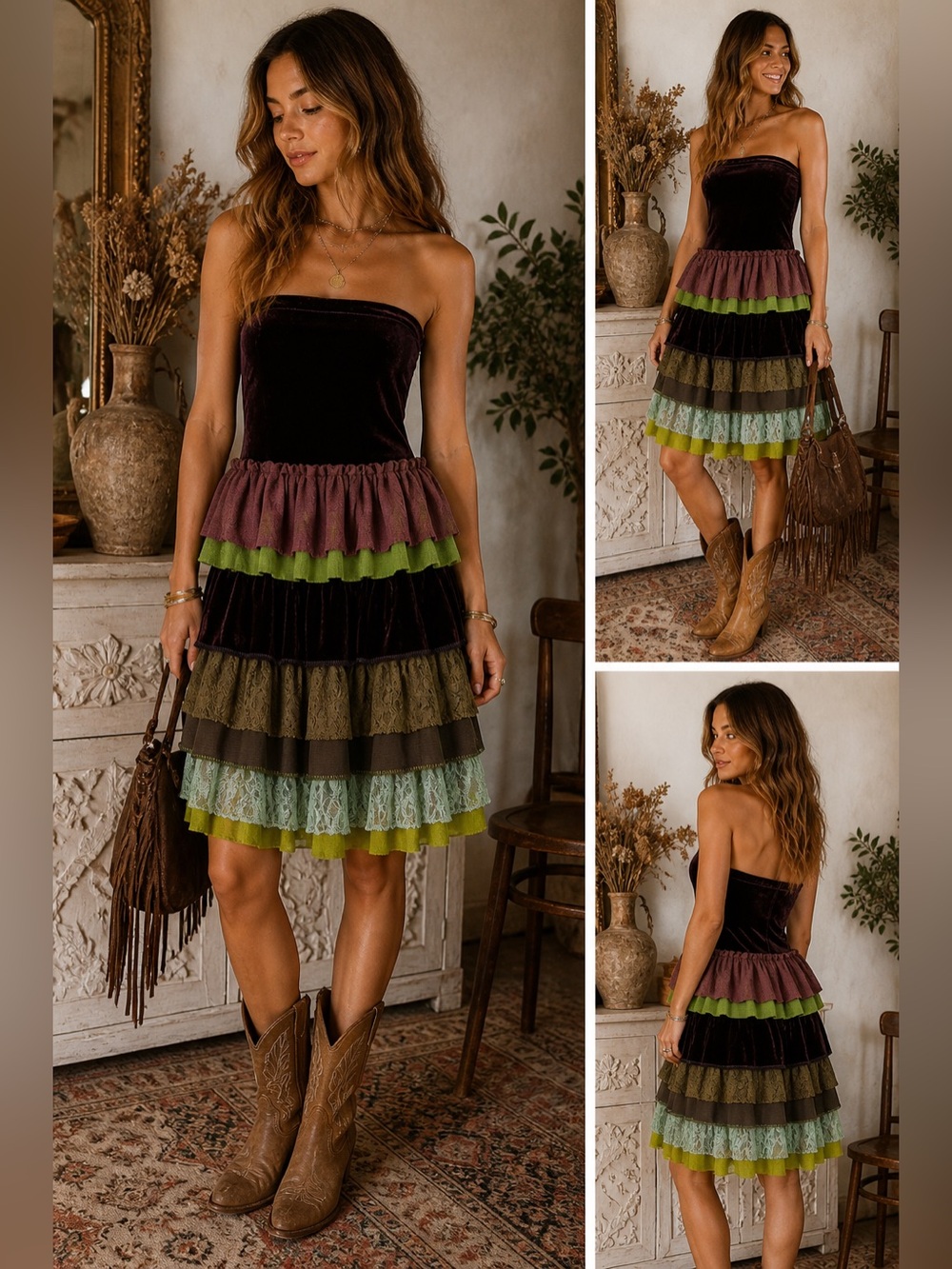 Chan Luu silk romantic boho strapless tiered velvet lace dress in plum olive - s